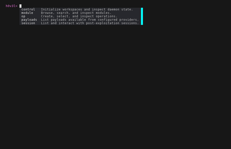 Hovel CLI demo listing, reading, sending to, and reading from a mock shell session.