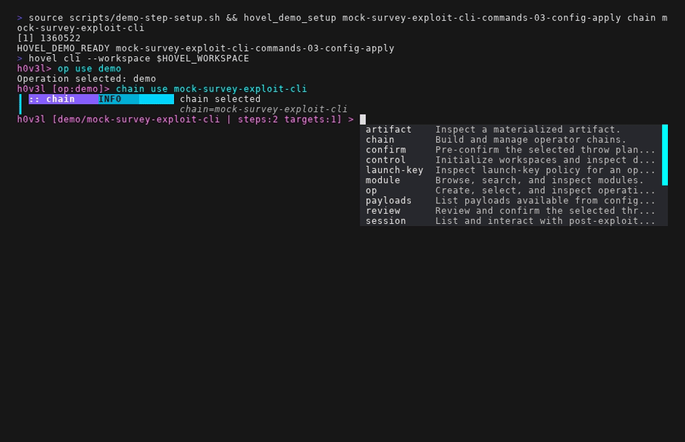 Hovel CLI demo applying chain and target config values, then listing resolved config.