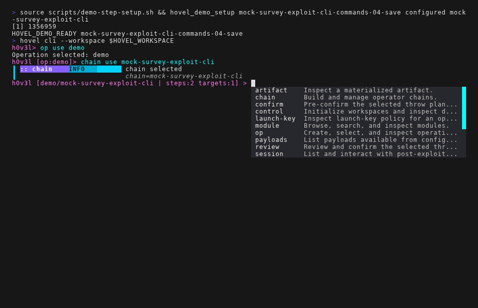 Hovel CLI demo validating and saving a configured chain.